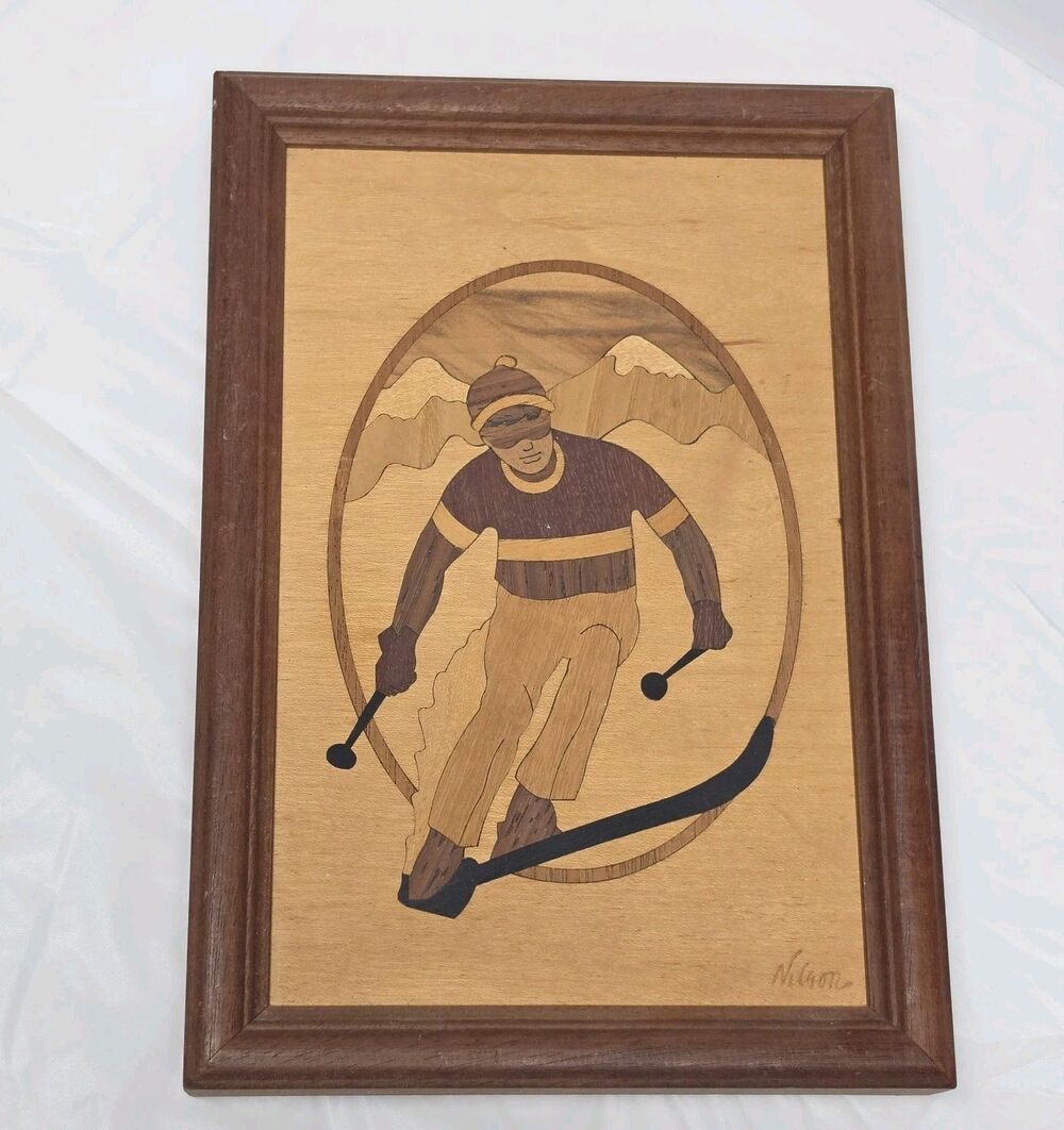 Vintage Marquetry Wood Inlay Snow Skier 6.75 X 9.75 Hudson River Signed NELSON